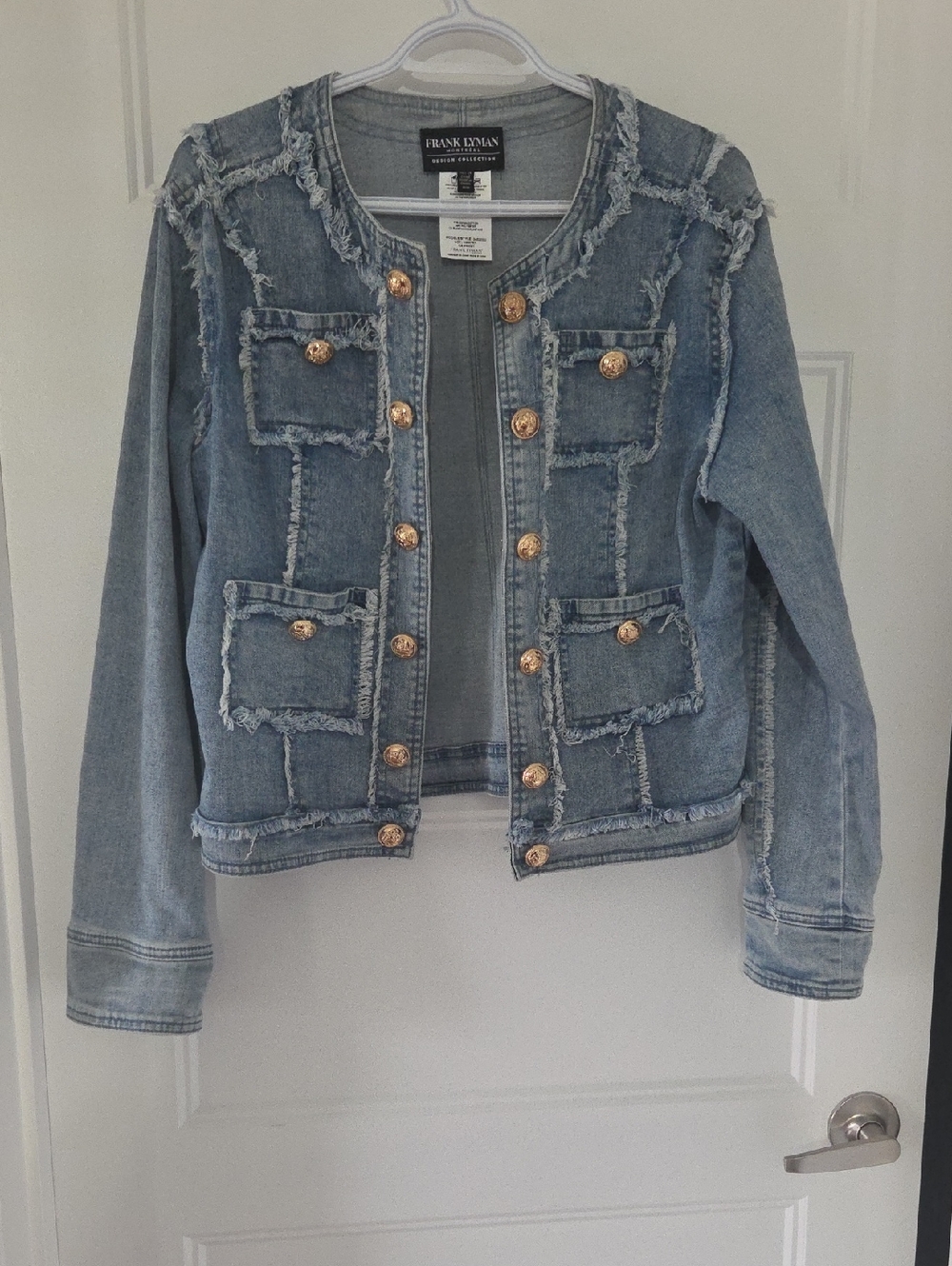 Frank Lyman Design Light Blue Frayed Denim Jacket with Gold Buttons